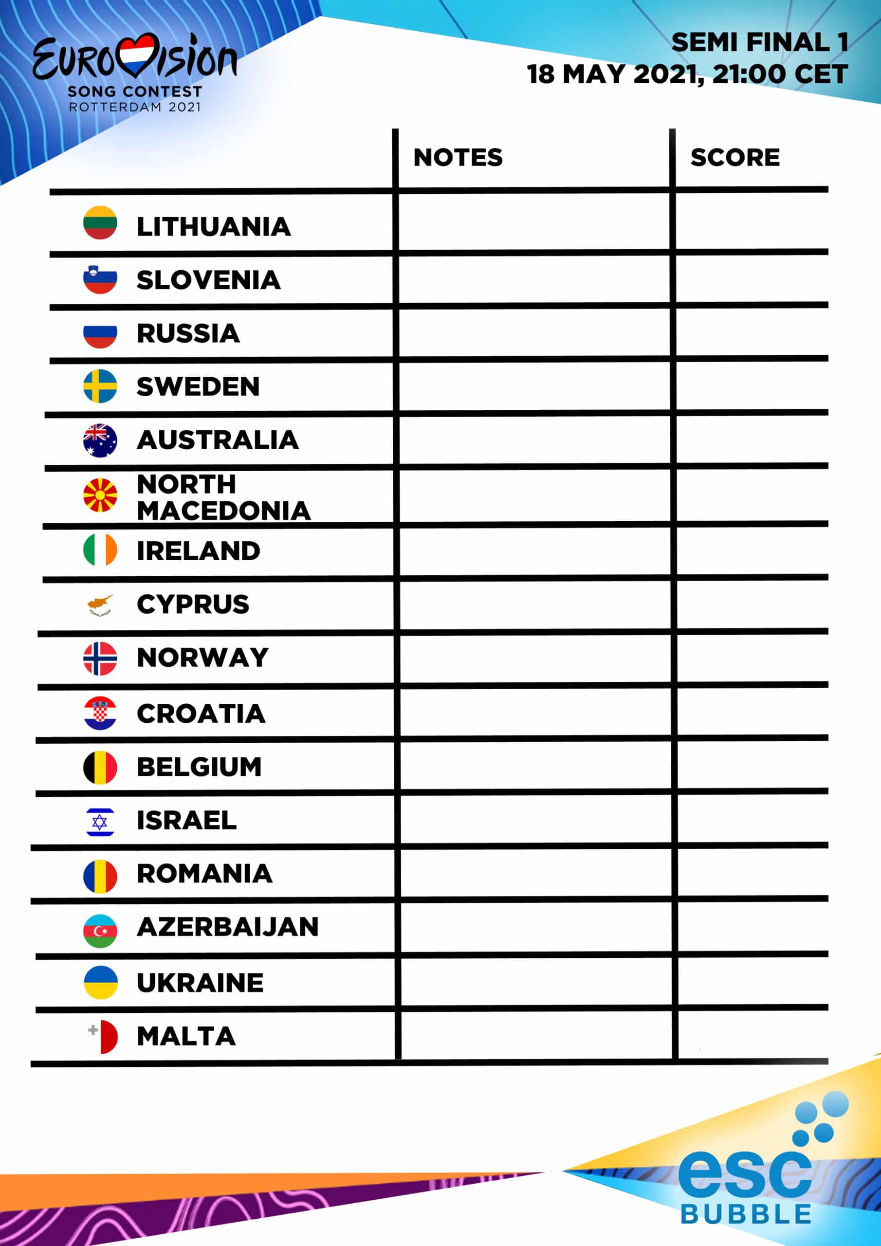 Download our Eurovision 2021 Semi Final Scorecards –